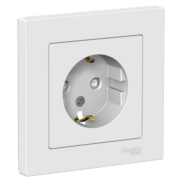Розетка Schneider Electric Atlasdesign Белый с заземлением со шторками, 16А, в сборе ATN000144