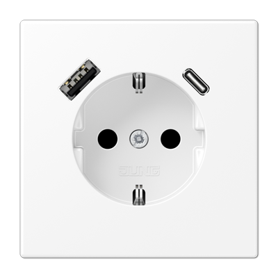 Розетка Jung LS серия белоснежный матовый SCHUKO® с USB-интерфейсом с 1 гнездо USB типа A и 1 гнездо USB типа C LS серия белоснежный матовый LS1520-15CAWWM