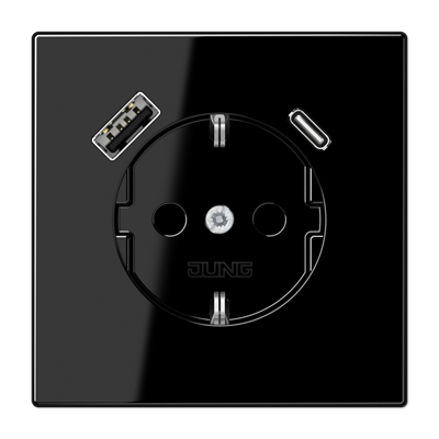 Чёрный Розетка Jung LS серия черная SCHUKO® с USB-интерфейсом с 1 гнездо USB типа A и 1 гнездо USB типа C LS серия черная LS1520-15CASW