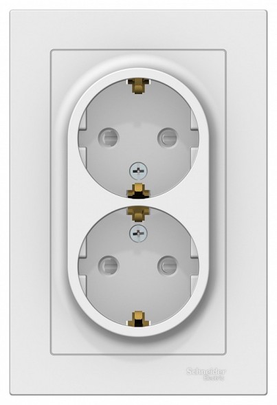 Розетка Schneider Electric Atlasdesign Белый двойная с заземлением со шторками, 16А, в сборе ATN000126