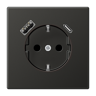 Розетка Jung LS серия Антрацит SCHUKO® с USB-интерфейсом с 1 гнездо USB типа A и 1 гнездо USB типа C LS серия Антрацит AL1520-15CAAN-L