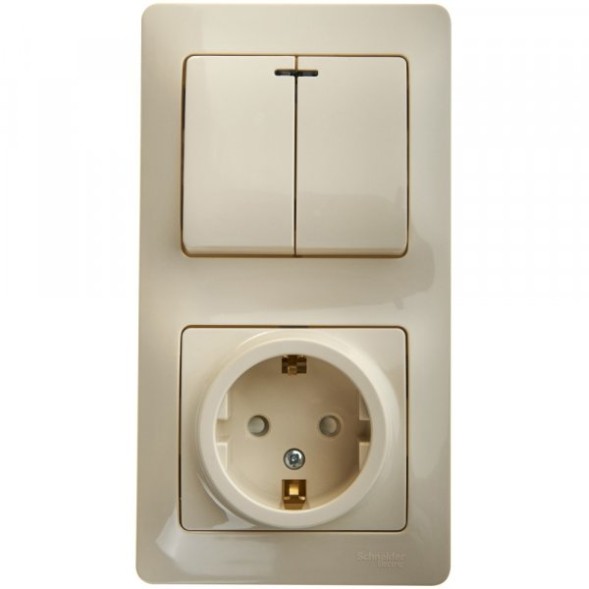 БЛОК: Розетка с зазем. со шт. + 2-клавишный Выключатель с подсв. Schneider Electric Glossa Бежевый GSL000275