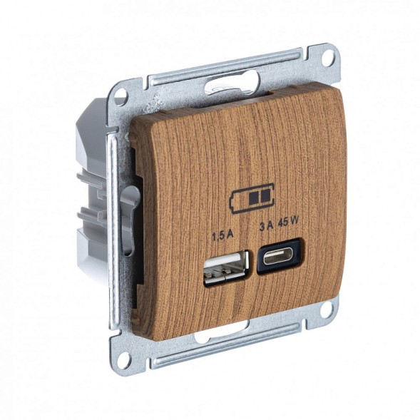 USB Розетка A + тип-C 45W высокоскор.заряд. QC, PD, механизм Schneider Electric Glossa Дуб GSL000529