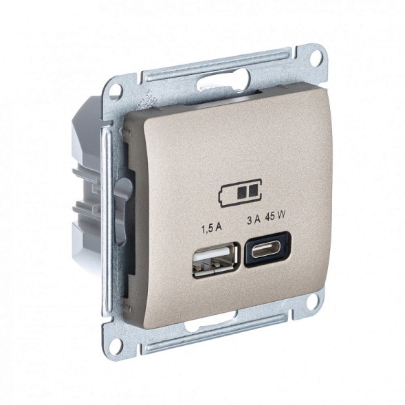 USB Розетка A + тип-C 45W высокоскор.заряд. QC, PD, механизм Schneider Electric Glossa Титан GSL000429