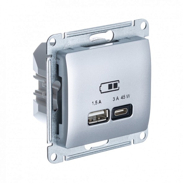USB Розетка A + тип-C 45W высокоскор.заряд. QC, PD, механизм Schneider Electric Glossa Алюминий GSL000329