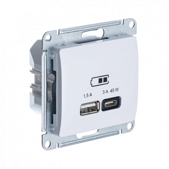 USB Розетка A + тип-C 45W высокоскорост. зарядка QC, PD, механизм Schneider Electric Glossa Белый GSL000129