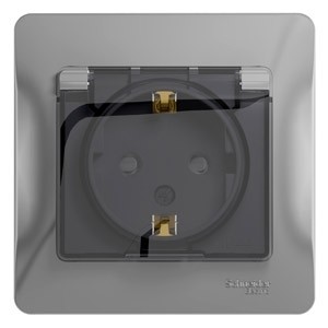 Розетка с заземлением со шторками с крышкой, 16А, IP44 в сборе Schneider Electric Glossa Алюминий GSL000348
