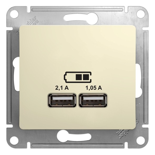 USB Розетка A+A, 5В/2,1 А, 2х5В/1,05 А, механизм Schneider Electric Glossa Бежевый GSL000233