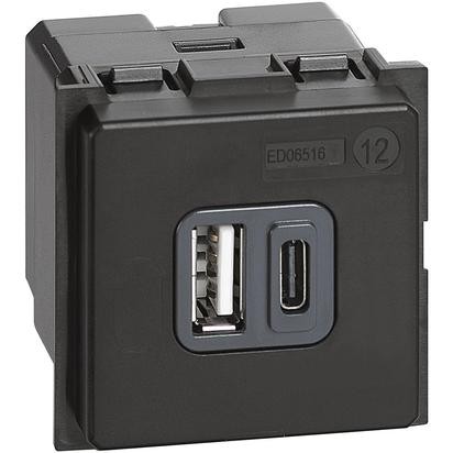 Зарядка USB Bticino Living Now черная 3A тип A e C 2 K4287C2