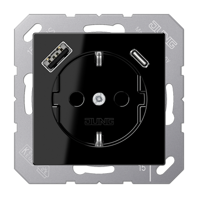 Розетка Jung A серия чёрный SCHUKO® с USB-интерфейсом с 1 гнездо USB типа A и 1 гнездо USB типа C A1520-15CASW