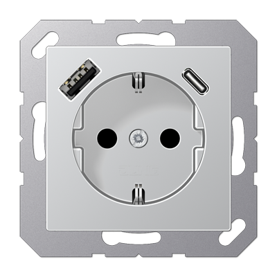 Розетка Jung A серия алюминий SCHUKO® с USB-интерфейсом с 1 гнездо USB типа A и 1 гнездо USB типа C A1520-15CAAL