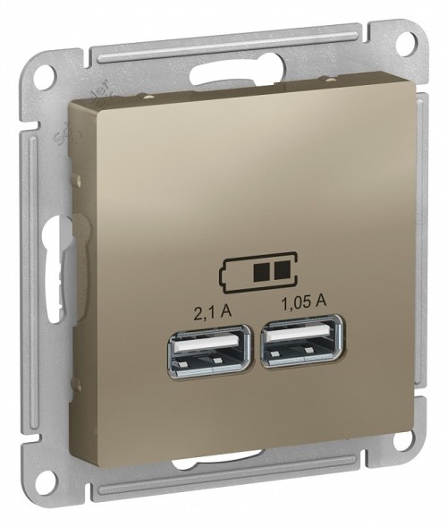 USB Розетка Schneider Electric Atlasdesign Шампань 5В, 1 порт x 2,1 А, 2 порта х 1,05 А, механизм ATN000533