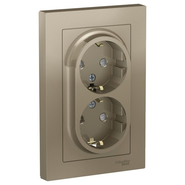 Розетка Schneider Electric Atlasdesign Шампань двойная с заземлением со шторками, 16А, в сборе ATN000526