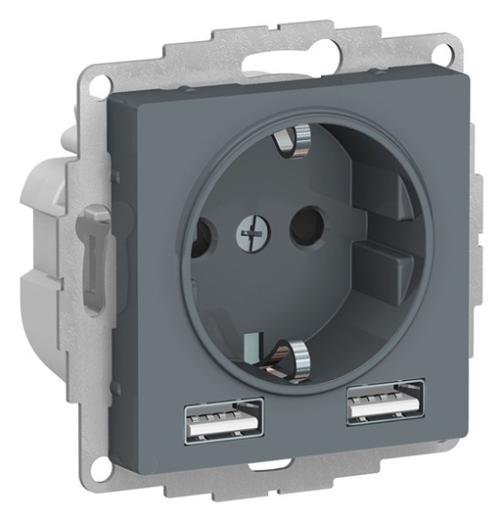 Розетка AtlasDesign SO + USB A+A, 5В/2,4А, 2х5В/1,2А, грифель Schneider Electric ATN000730