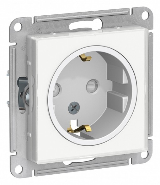 Розетка Schneider Electric Atlasdesign Белый с заземлением со шторками, 16А, механизм ATN200145