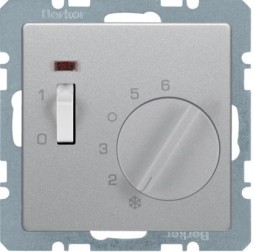 Регулятор температуры помещения Berker Q.1 алюминиевый с эффектом бархата, 24 В с размыкающим контактом центральной панелью одноклавишным выключателем и светодиодом 20316084