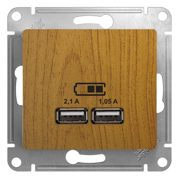 USB Розетка A+A, 5В/2,1 А, 2х5В/1,05 А, механизм Schneider Electric Glossa Дуб GSL000533