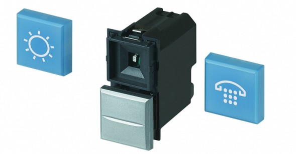 Кнопка Bticino Axolute Алюминий AXIAL с рассеивателем, 1Р, голубой с символом &quot;лампа&quot;, 12 В~, 10 А HC4038LA/12