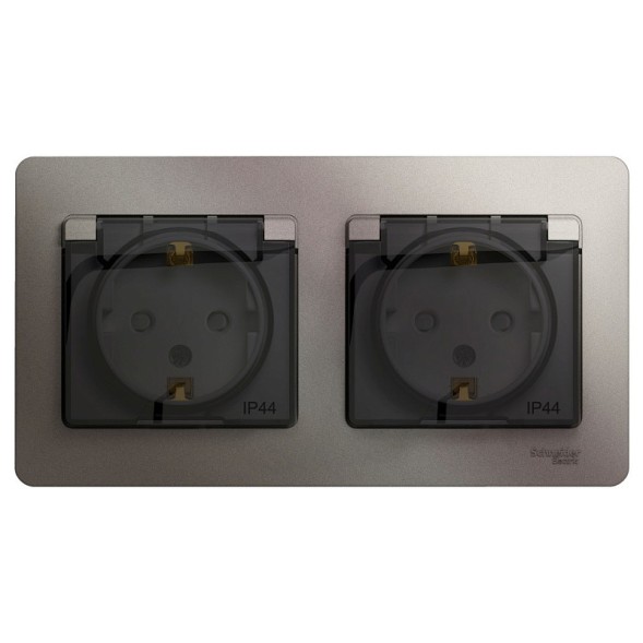 Розетка двойная с заземлением, со шторками, в сборе IP44 Schneider Electric Glossa Платина GSL001247