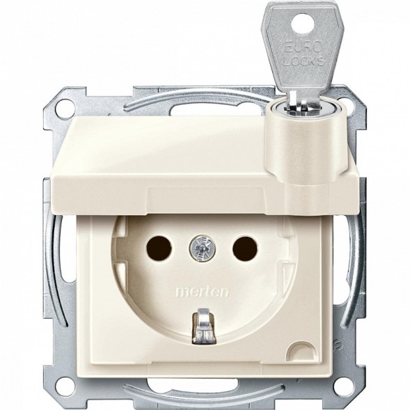 Механизм розетки Merten M-серия бежевый SCHUKO с крышкой, запираемой различными замками MTN2315-0344